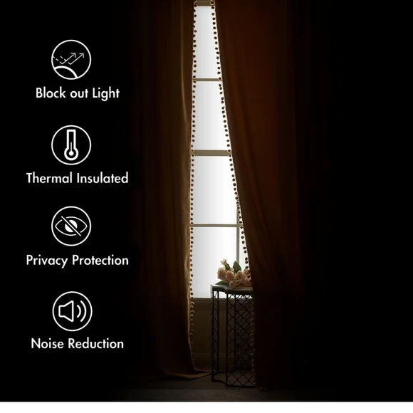 Miulee 63x52 Velvet Pom Pom Mustard Yellow Curtains Room Darkening Thermal Set 2 - Picture 6 of 10